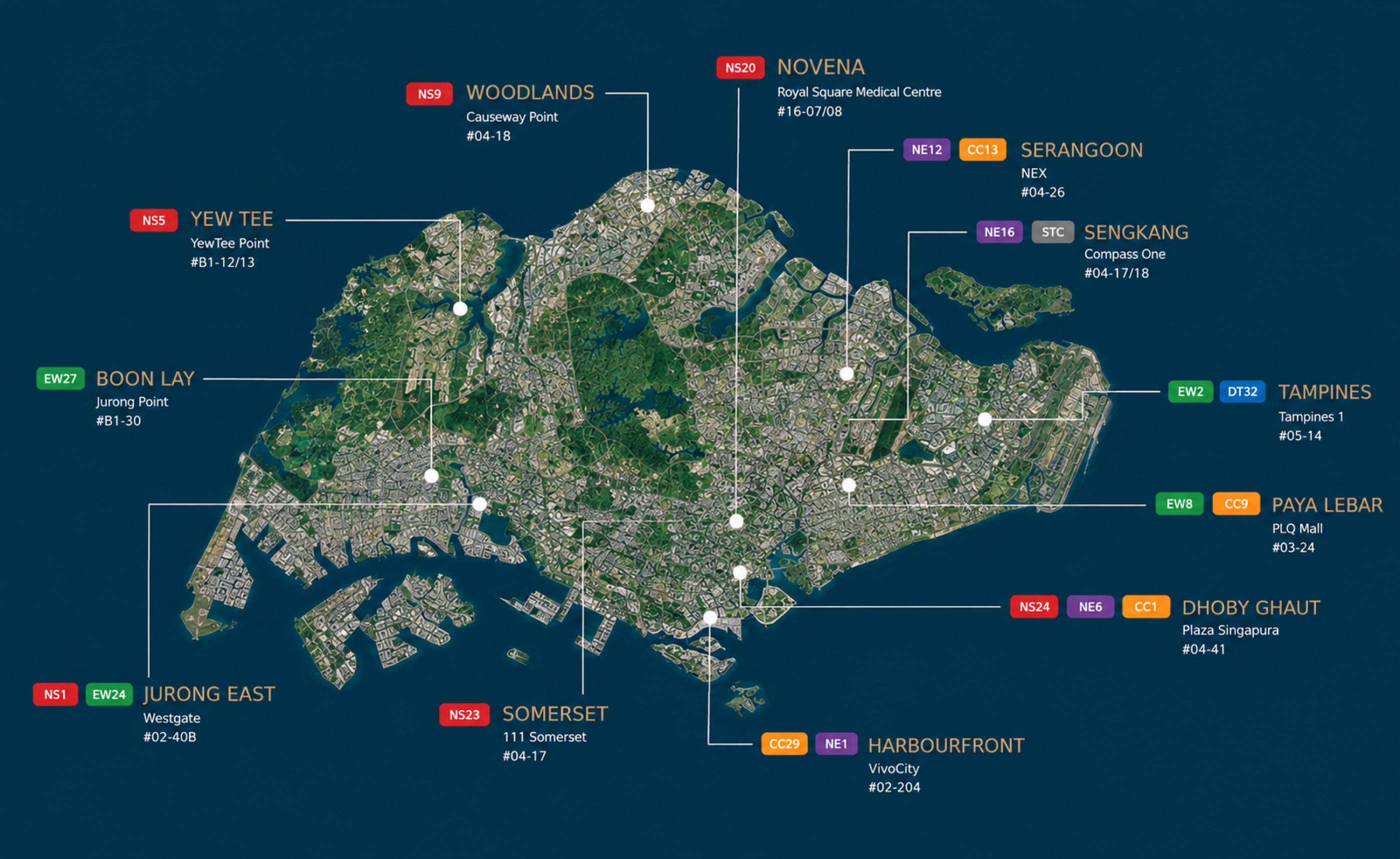 Map of Singapore showing the 12 BECOME Aesthetics Clinic outlets and their nearest MRT stations